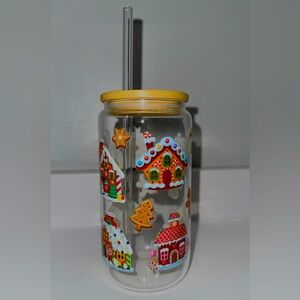 Festive Holiday Glass Tumbler with Straw